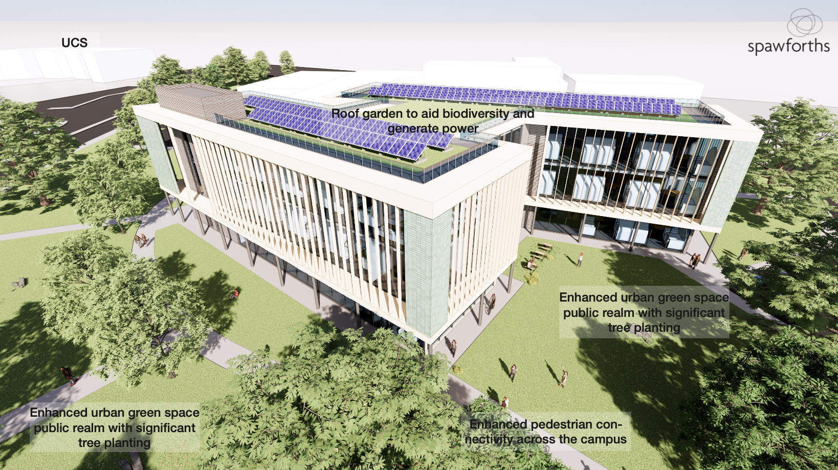 3D visualisation Queen Elizabeth II Learning Commons building at the University of Bolton - Spawforths planning consultants